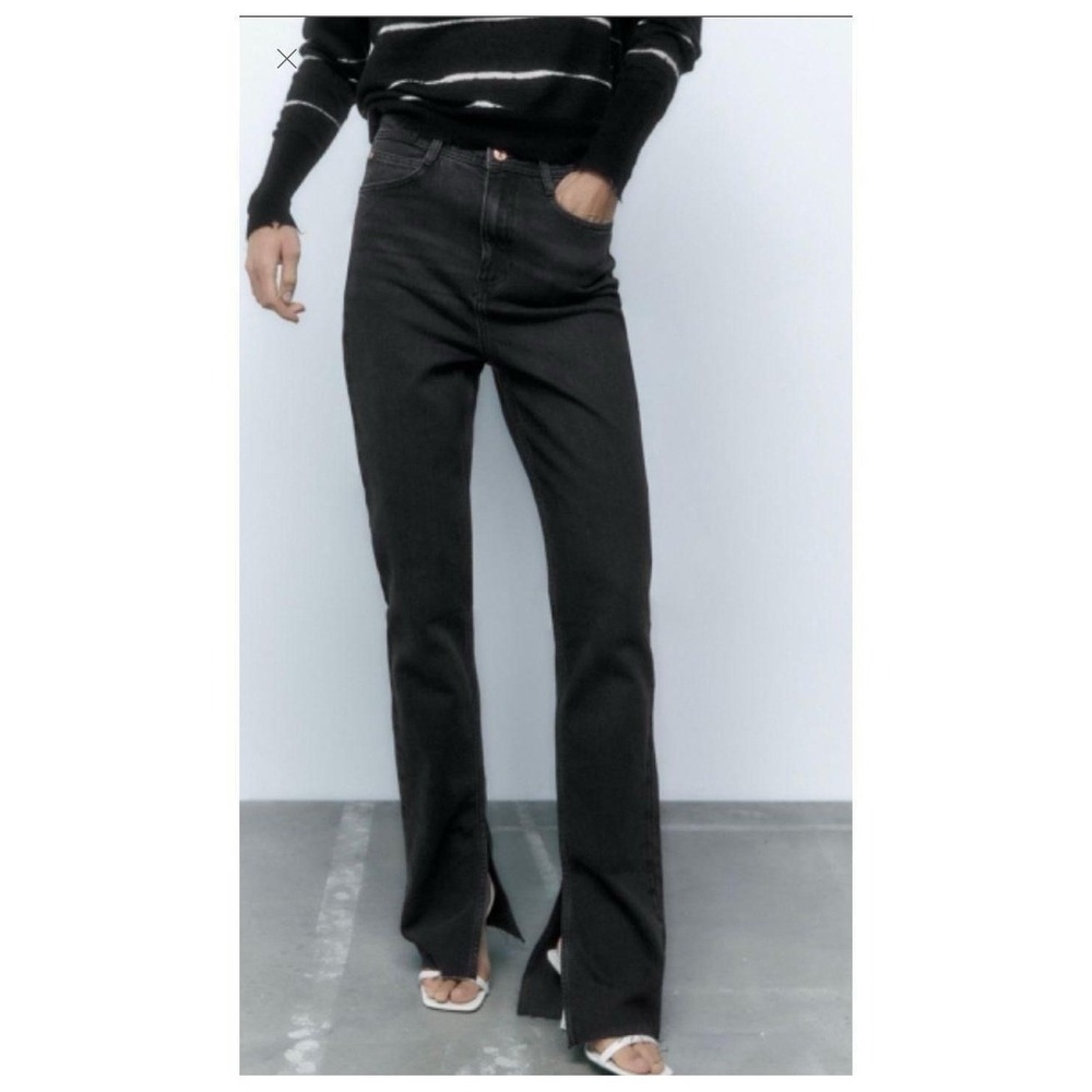 ZARA Black High Waisted Split Hem Straight Leg Denim Jeans, Size 6 US, EUC - Picture 4 of 10